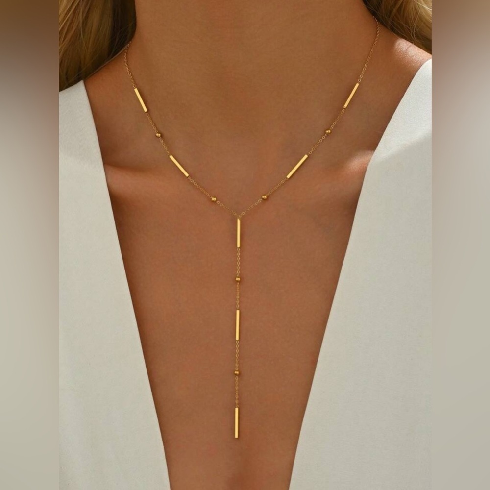 Gold Plated Stainless Steel Bar Lariat Necklace